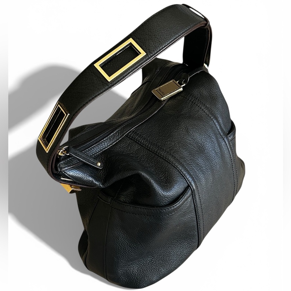 TIGNANELLO Large Hobo Style Black Pebbled Leather Shoulder Gold Tone Hardware